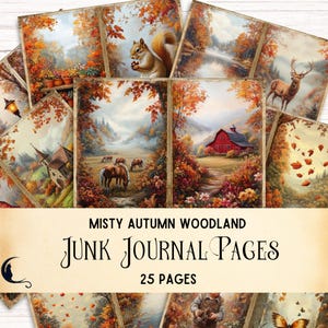 Misty Autumn Woodland Junk Journal Kit Printable Fall Forest Ephemera Vintage Nature Scrapbook Supplies Digital Paper for DIY Craft Projects