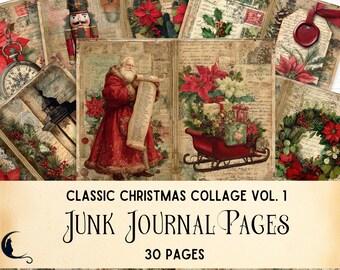 Classic TraditionalChristmas Collage Junk Journal Kit, Vintage Ephemera, Printable Festive Scrapbook Paper, Digital Holiday Craft Supplies