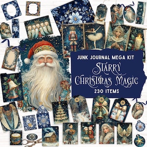 May include: A selection of Christmas-themed ephemera, including tags, cards, and decorative papers. The designs feature Santa Claus, angels, nutcrackers, and winter scenes. The text "Starry Christmas Magic" and "230 Items" are visible.