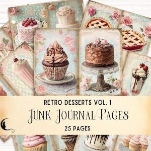 Zestaw dziennika Retro Desserts Junk Nostalgiczne ciasta Pastelowe słodkie smakołyki Ephemera Vintage Klasyczne amerykańskie pieczenie Wydrukuj Shabby Chic Papier