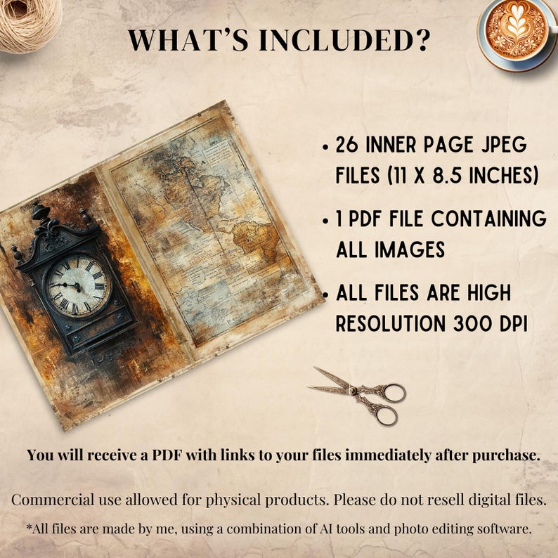 May include: A digital product listing featuring a vintage-style clock and map illustration, including 26 inner page JPEG files measuring 11 x 8.5 inches, one PDF file, and a pair of decorative scissors, all presented in high resolution at 300 DPI.