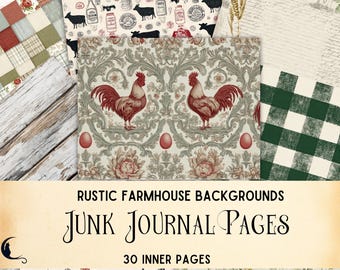 May include: A collection of rustic farmhouse-themed junk journal pages. The pages feature various patterns, including roosters, cows, floral designs, and checkered patterns. The text on the image reads "RUSTIC FARMHOUSE BACKGROUNDS" and "JUNK JOURNAL PAGES".