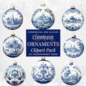 Chinoiserie Weihnachtsverzierung Clipart PNG | Blaue und weiße Weihnachten | Winter Ornamente | Blaue Weihnachtskugeln | Kommerzielle Nutzung Clipart