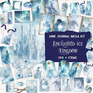 Kit de journal indésirable de conte de fées d'hiver, fournitures de scrapbooking fantastique, éphémères vintage imprimables, folio pliant, fée du royaume des glaces enchantée