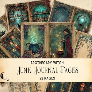 Carta per diario "Apothecary Witch Junk", carta per album digitale, pagine per diario "Mystic Potion Junk", carta digitale Art Nouveau, verde acqua e bordeaux