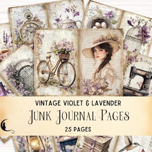 Zestaw dziennika Shabby Chic Violets & Lavender Junk Journal Vintage Floral Ephemera Cottagecore Digital Paper Purple Scrapbook Supply DIY Craft Projects