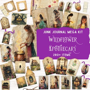 May include: A junk journal mega kit titled Wildflower Apothecary with 280+ items featuring various paper ephemera, tags, and cards. The collection displays illustrations of people, cottages, wildflowers, cats, and cauldrons in a vintage style.
