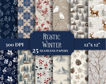 Rustic Winter Digital Paper, Seamless Patterns for Scrapbooking, Printable Backgrounds for Junk Journals