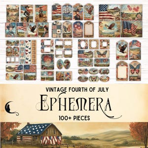 Diario basura vintage del 4 de julio, efímera patriótica imprimible, kit de scrapbooking de EE. UU., collage rojo, blanco y azul, etiquetas washi