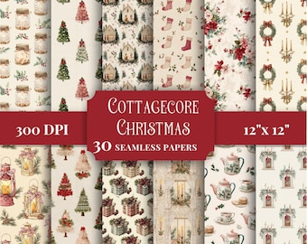 Paquete de papeles digitales navideños Cottagecore sin costuras, patrones rústicos de invierno para álbumes de recortes, fondos navideños acogedores para imprimir, suministros para manualidades.