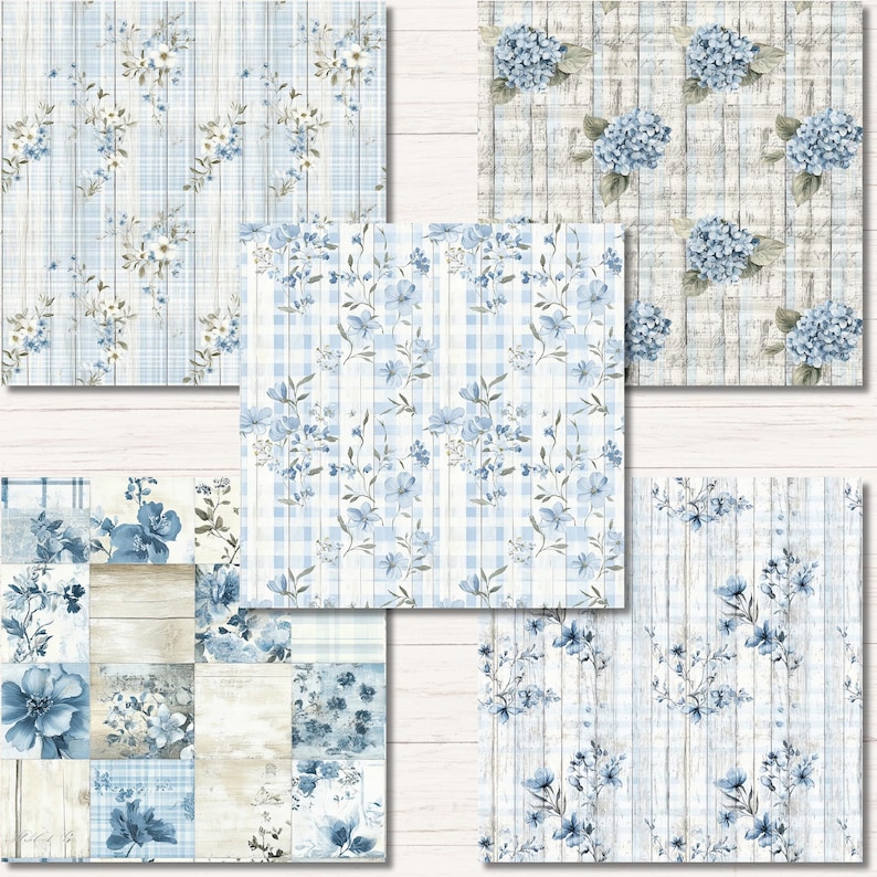 Seamless Rustic Blue Floral Pattern Gingham Wood Vintage Digital Paper ...