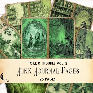 Vintage Witch Junk Journal Kit Printable Haunted Forest Green Toile Ephemera Antique Mystical Witchcraft Grimoire Digital Scrapbook Supplies