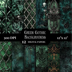 Groen metallic gotisch digitaal papier, donkere esthetische afdrukbare achtergronden voor ongewenste tijdschriften, vintage plakboek unieke texturen voor ambachten