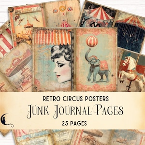 Retro Circus Posters Junk Journal Kit, Vintage Circus Ephemera, Printable Digital Paper, Carnival, Elephants, Unique Scrapbook Supplies DIY