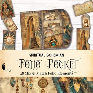 Kit de diario espiritual bohemio, efímera bohemia mística, bolsillo imprimible, suministros para álbumes de recortes de adivinación hippie, folio gitano DIY