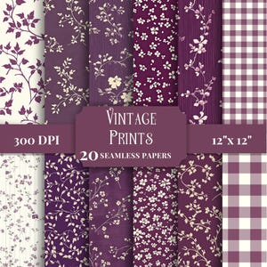 May include: A collection of 20 seamless digital papers featuring various floral patterns, vine motifs, and a gingham check design in shades of deep purple and white. The text reads Vintage Prints, 300 DPI, 12" x 12", and 20 SEAMLESS PAPERS.