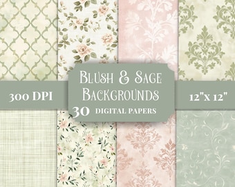 Blush & Sage Scrapbook Paper Pack 12x12, Junk Journal Pages, Vintage Backgrounds, Shabby Chic Digital Paper