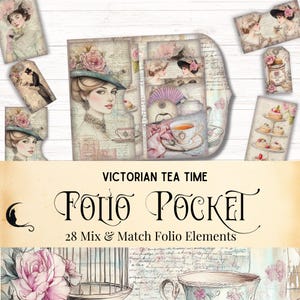 Kit folio de journal indésirable de l'heure du thé victorien, documents éphémères de poche imprimables, folio pliant, éphémères vintage, fournitures de scrapbooking Tea Party