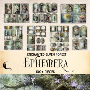 Enchanted Elven Forest Junk Journal Ephemera Kit, Printable Ephemera Tags, Fantasy Fairy, Magical Woodland Elves, Vintage Fantasy Collage