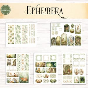 May include: A digital collection of printable ephemera featuring woodland themes, including illustrations of rabbits, deer, foxes, hedgehogs, and forest dwellings. The sheets contain various tags, labels, and patterned borders in soft green and earthy tones.