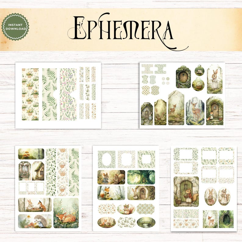 May include: A digital collection of printable ephemera featuring woodland themes, including illustrations of rabbits, deer, foxes, hedgehogs, and forest dwellings. The sheets contain various tags, labels, and patterned borders in soft green and earthy tones.