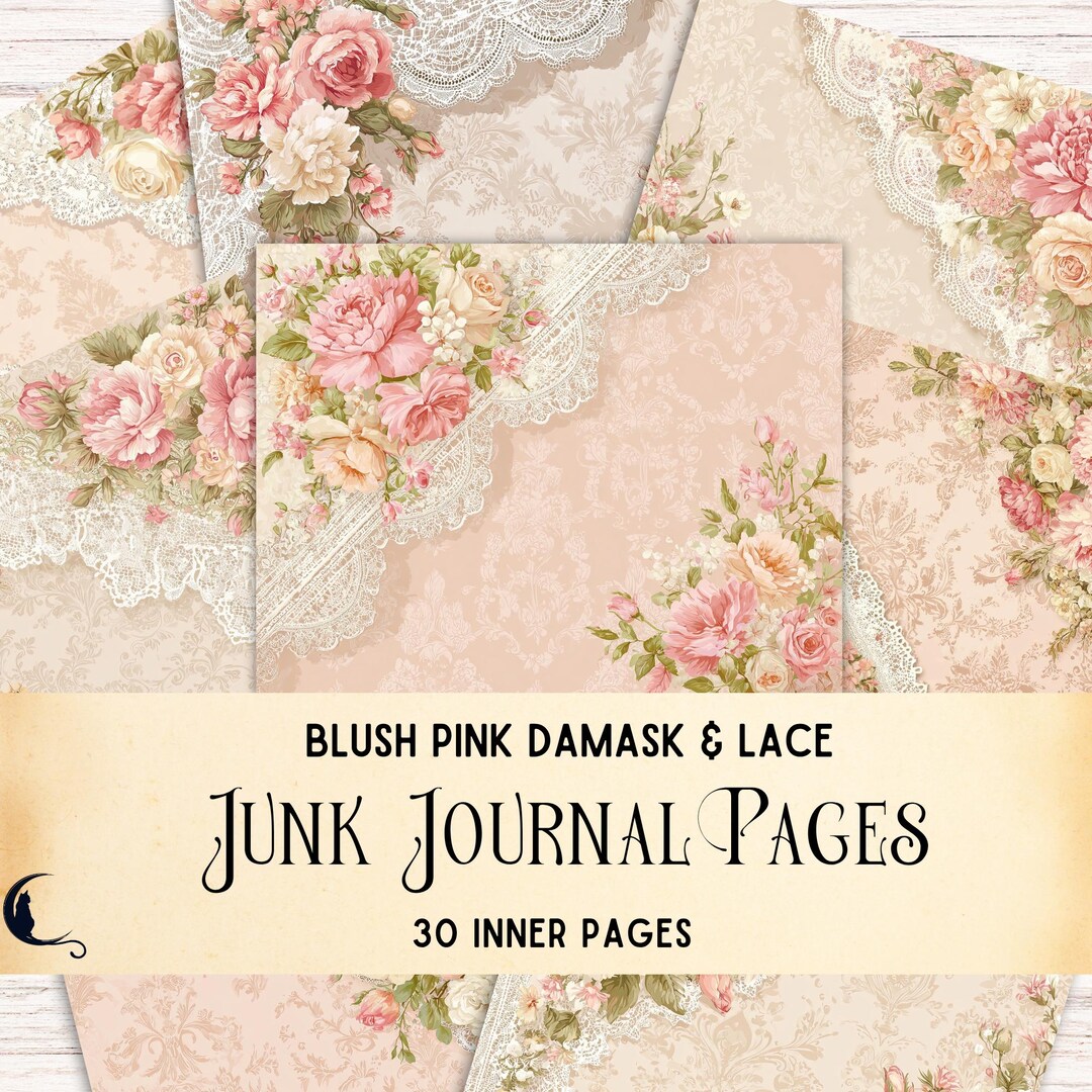 Antique Damask & Lace Digital Paper, Vintage Blush Pink Junk Journal ...