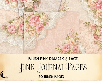 Antique Damask & Lace Digital Paper, Vintage Blush Pink Junk Journal Printable Backgrounds, Shabby Chic Romantic Scrapbooking Filler Pages