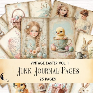 Vintage Easter Junk Journal Pages, Shabby Chic Ephemera, Printable Retro Scrapbooking Kit, Bunny Rabbit, Tulips, Eggs, Spring DIY Crafts