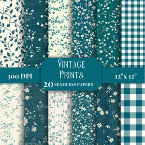Pode incluir: Uma coleção de 20 papéis digitais sem emendas com estampas vintage em azul-petróleo e creme. Os padrões incluem vinhas florais, pequenas flores e xadrez vichy. O texto diz Vintage Prints, 300 DPI, 30,5 cm x 30,5 cm e 20 papéis sem emendas.