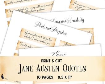 Citas de Jane Austen para diarios basura, efímeras vintage imprimibles, descarga digital, suministros para scrapbooking, adornos y cortes delicados.