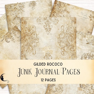 Papier numérique doré rococo Junk Journal, documents éphémères vintage, arrière-plans imprimables, luxueuses textures ornées de baroques, essentiels de scrapbooking