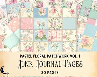 Pastel Floral Patchwork Junk Journal Pages, Vintage Cottagecore Backgrounds, Summer Gingham, Scrapbooking, Digital Paper, DIY Craft Supplies