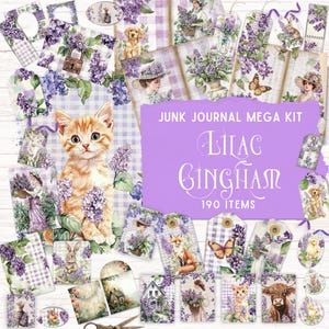 Lila gingham junk journal kit, shabby vintage Victoriaans digitaal papier, opvouwbare foliokit, bloemen scrapbooking kit, groen en paars papier