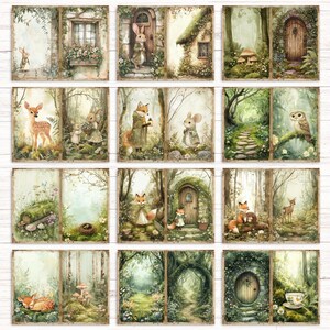 May include: A collection of twelve rectangular art prints featuring watercolor illustrations of woodland animals, including rabbits, foxes, deer, and an owl, set within lush forest landscapes, stone cottages, and mossy paths in soft, muted green tones.