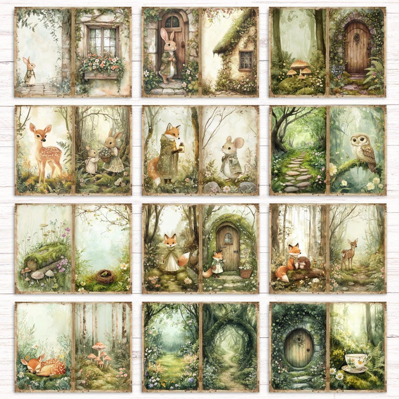 May include: A collection of twelve rectangular art prints featuring watercolor illustrations of woodland animals, including rabbits, foxes, deer, and an owl, set within lush forest landscapes, stone cottages, and mossy paths in soft, muted green tones.