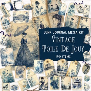 Kit de carnet vintage Toile de Jouy bleu, kit de scrapbooking imprimable, pochette folio pliante, éphémère toile française classique, shabby chic