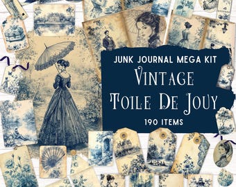 Vintage Blue Toile De Jouy Junk Journal Kit, Printable Scrapbooking Kit, Folding Folio Pocket, Classic French Toile Ephemera, Shabby Chic