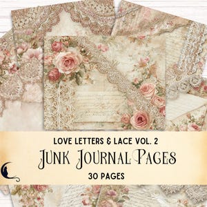 Papel digital con cartas de amor antiguas y encaje, efímeras vintage para diarios basura, fondos imprimibles para álbumes de recortes, páginas de relleno con flores rosas románticas.
