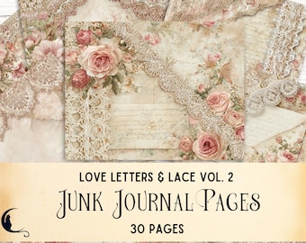 Antique Love Letters & Lace Digital Paper, Vintage Junk Journal Ephemera, Printable Scrapbook Backgrounds Romantic Pink Flowers Filler Pages