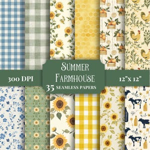 Digitalt papperspaket med sommarbondgård, sömlösa mönster för scrapbooking, DIY-hantverksmaterial, rustika blommor, ginghambakgrunder
