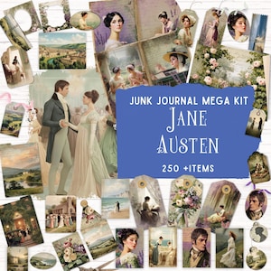 Jane Austen Junk Journal Kit, afdrukbaar foliozakje, vintage ephemera, romantisch regentschap digitaal plakboek, Pride & Prejudice, citaten
