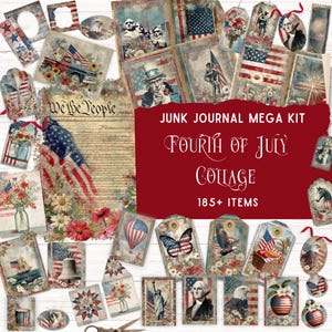 Kit de diario basura con collage del 4 de julio, efímera patriótica, folio imprimible, álbum de recortes de EE. UU. en rojo, blanco y azul, papel digital vintage americano