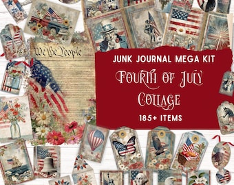 Puede incluir: Una colección de elementos de collage con temática del 4 de julio, que incluyen etiquetas, tarjetas y piezas decorativas. Los diseños presentan imágenes patrióticas como la bandera estadounidense, el Tío Sam y figuras históricas. El texto "Junk Journal Mega Kit" y "Fourth of July Collage" es visible.