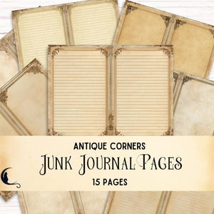 Páginas de álbum de recortes con esquinas antiguas, papel digital vintage rayado y en blanco, fondos imprimibles con aspecto envejecido para scrapbooking.