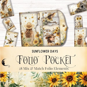 Kit folio shabby chic tournesols, scrapbooking Cottagecore impression numérique florale éphémère, fournitures de bricolage de ferme rustique pour journaux indésirables