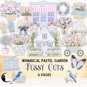 Whimsical Pastel Garden Fussy Cuts, Printable Folk Art Ephemera, Scrapbooking Junk Journal Kit, Cottagecore Bloomcore Floral Craft Supplies