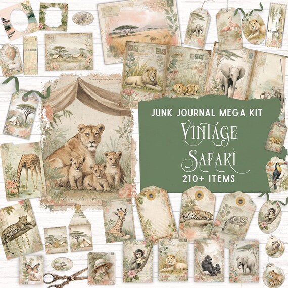 Vintage Safari Junk Journal Kit, Printable Folio Pocket, African
