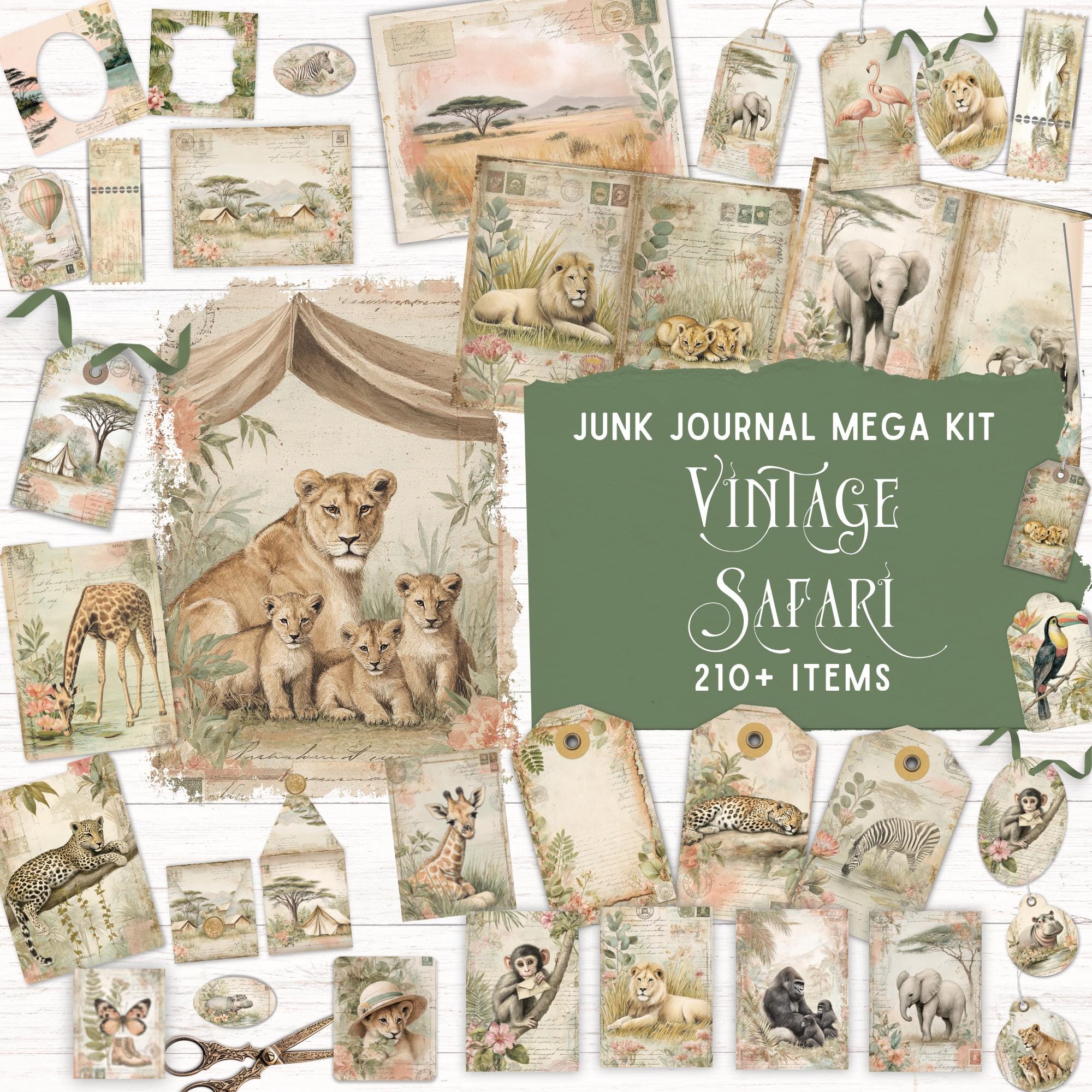 Vintage Safari Junk Journal Kit, Printable Folio Pocket, African