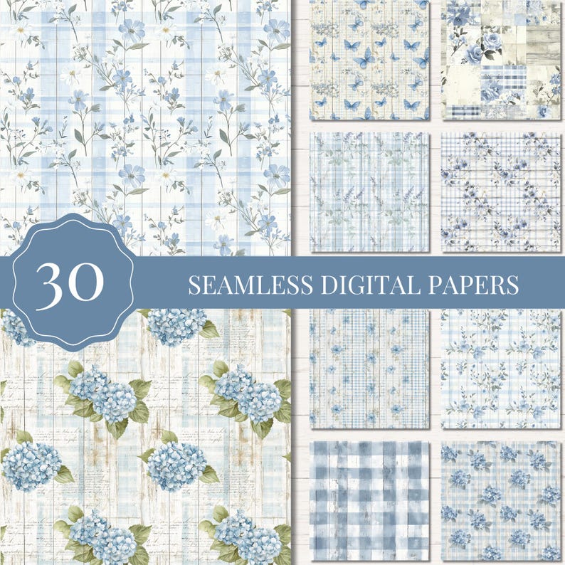 Seamless Rustic Blue Floral Pattern Gingham Wood Vintage Digital Paper ...