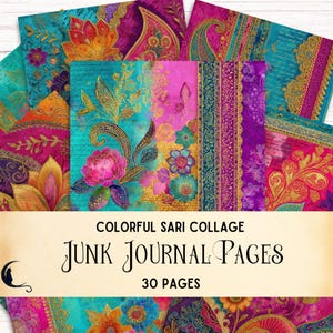 Kit de colagem de retalhos de sari indiano colorido para scrapbook digital para impressão, materiais de artesanato boho, tecidos boho exclusivos, mandala